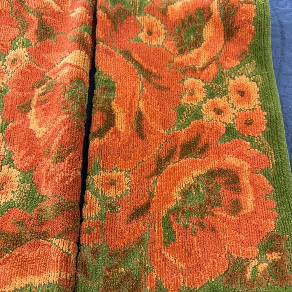 VTG Fieldcrest Orange Green Poppies 3 Towel Set Bath, Hand Towel and Washcloth